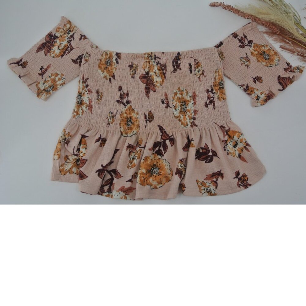 Xhilaration Smocked Floral Off-the-Shoulder Crop Top Pink Large